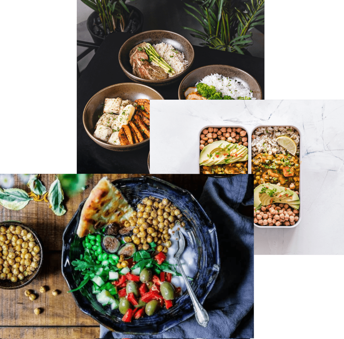 enjoying food, meals in storage container, and food bowls on a table